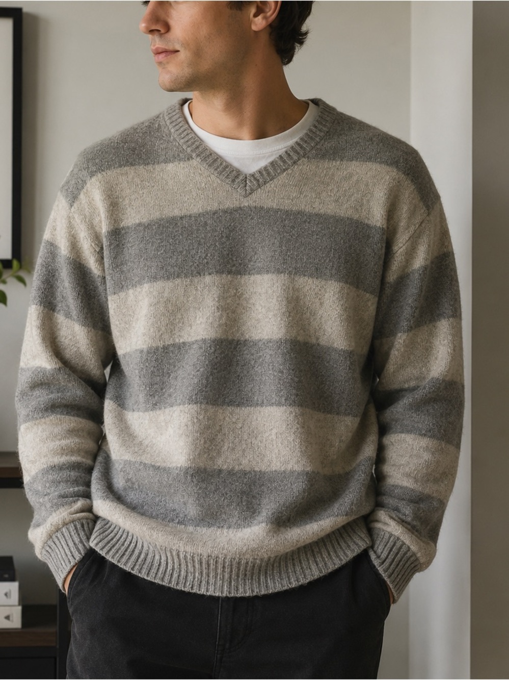 NET Men Gray Striped V-Neck Knit Sweater XL, Lambs Wool Blend